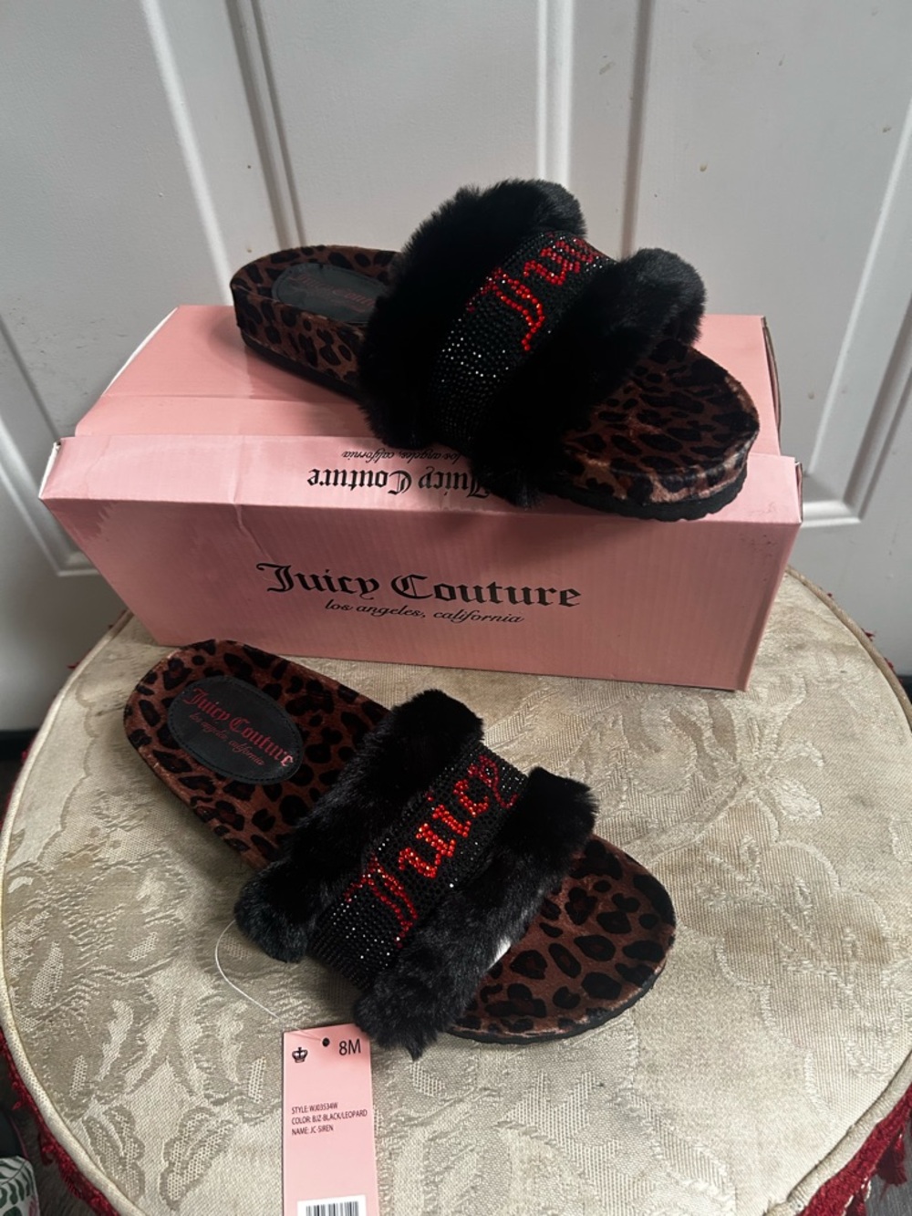 Juicy Couture Black Faux Fur Leopard Slide Sandals with Red Crystal Logo